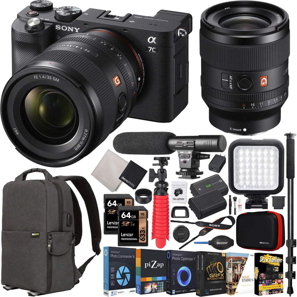 35mm FE Microphone Sony Body Backpack G + Sony and ILCE7C/B Camera LED SEL35F14GM a7C + + Master Photography F1.4 Frame Bundle Accessories Case Full Gear Black Mirrorless with GM Monopod + Lens Deco