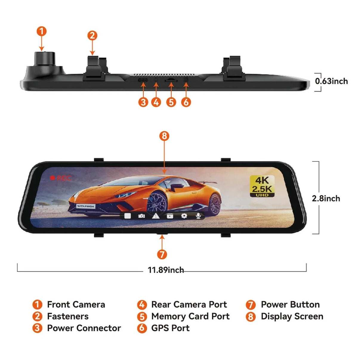 Car Mirror Camera, for View 12" Dash 2.5K Rearview Night 64GB Free Dash GPS Front Cam, Rear and Camera & Cam 4K WDR, Mirror WOLFBOX Dash Card Rear Vision, with