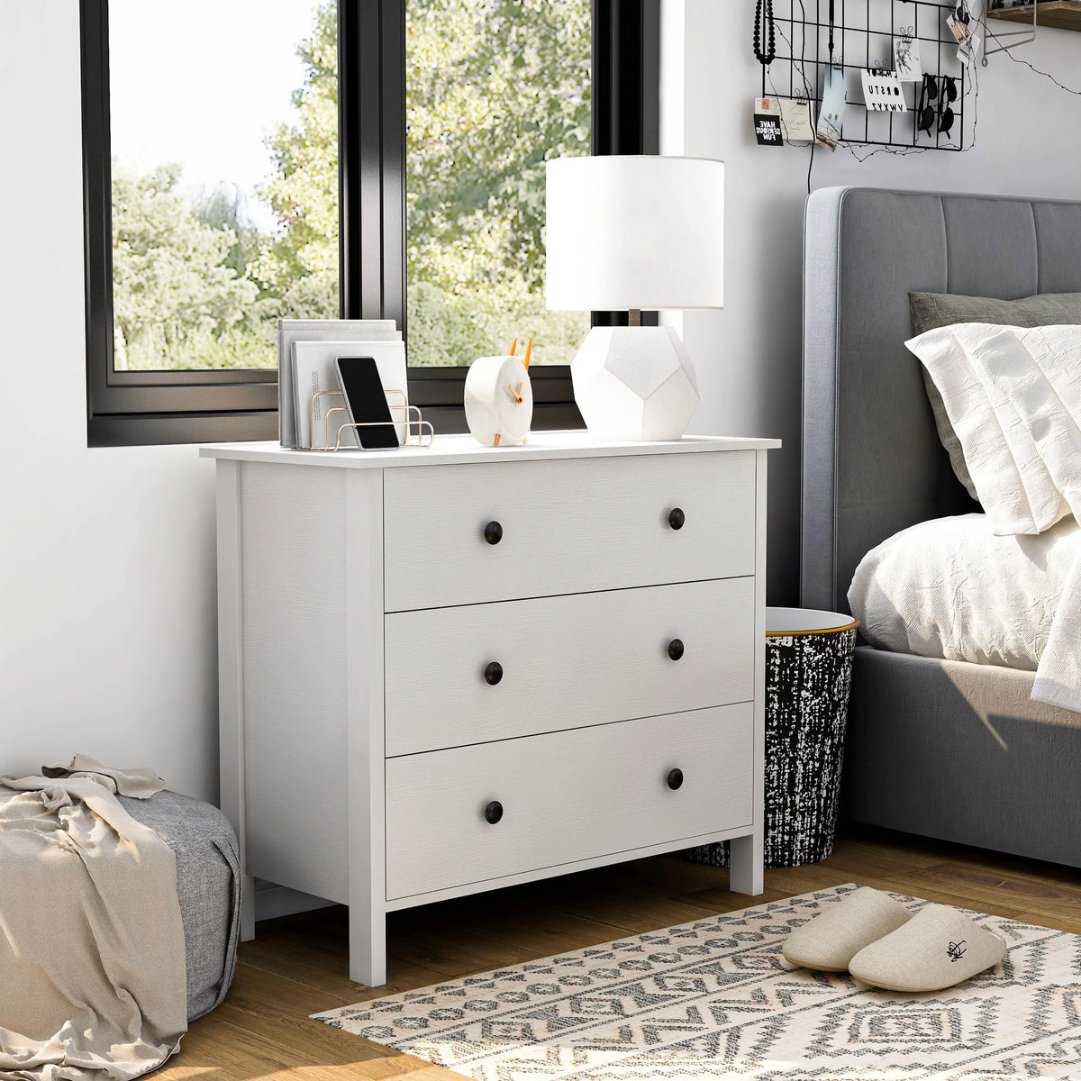 White Youth 34-inch Wide DH Denhour by Dresser BASIC Transitional Marble 3-Drawer Neutral