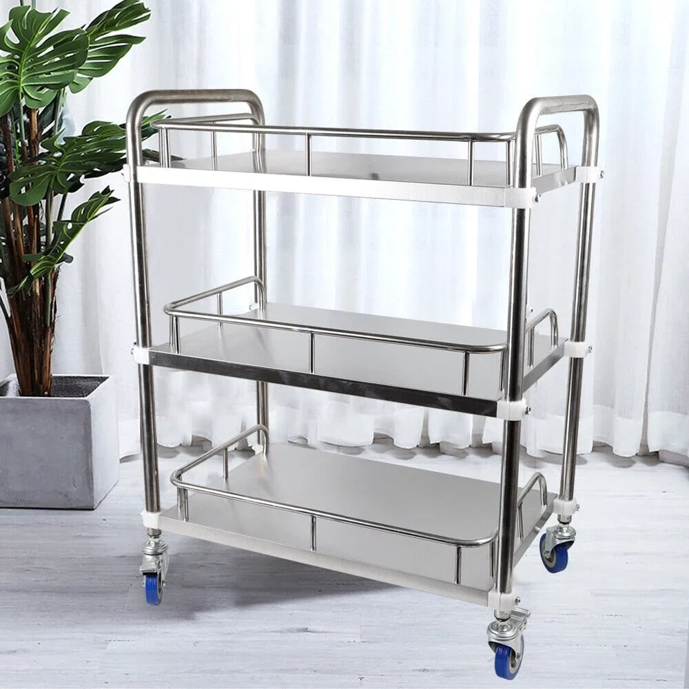 Mobile with Lab Steel Utility for 3 Use Stainless Cart Silver Trolley Restaurant Cart Shelf Household Layers Hotel Multifunction Wheels Rolling Cart Home Silent Shelves Serving Locking Storage