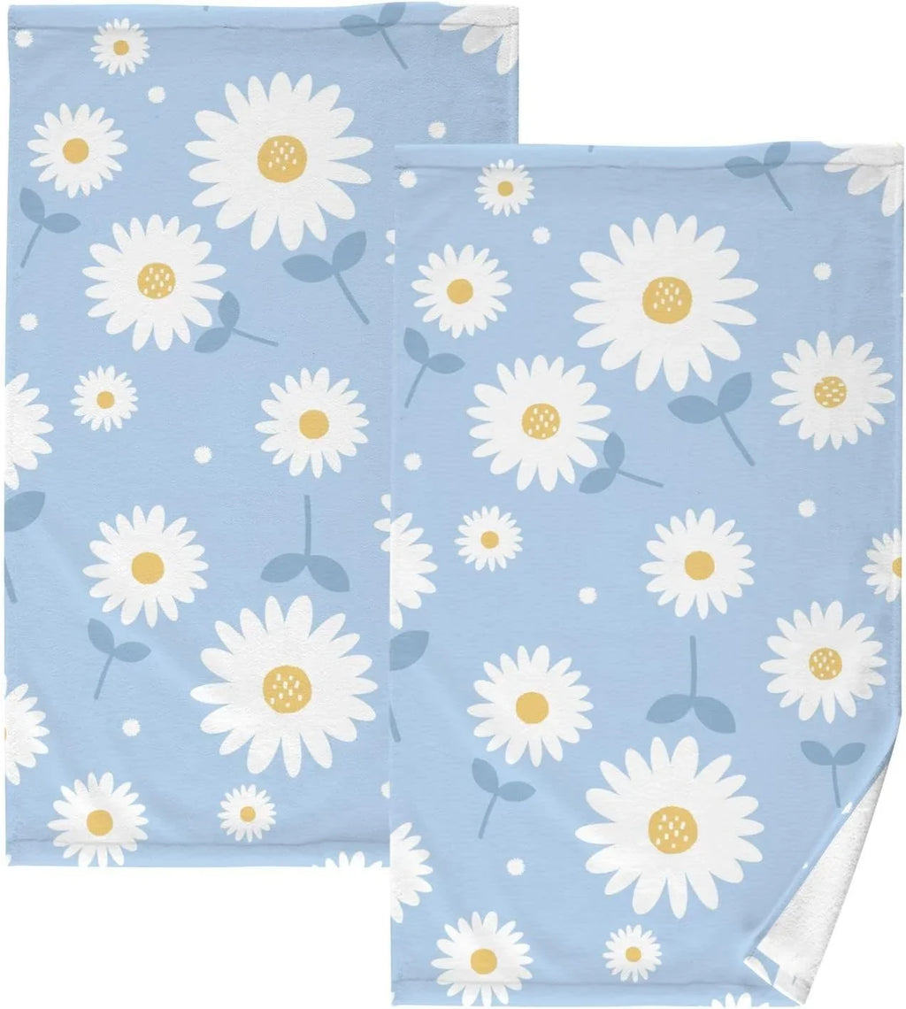 Face Highly Daisy Towel Washcloths, Bath Flower Wellsay Cotton Absorbent Set Pack of Hand 2 Towel- Quick-Dry Blue