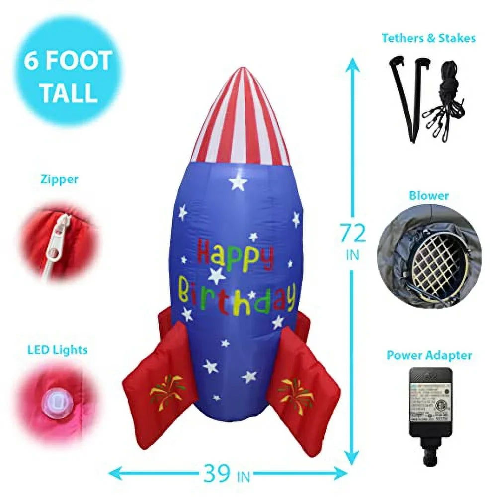 Party Inflatable Happy Stars Prop Design for Outdoor Garden Blossom Blowup Home Rocketship Lights Yard Flag Tall Indoor LED Birthday Decoration Inflatables Family USA Foot 6 Lighted Pre-Lit