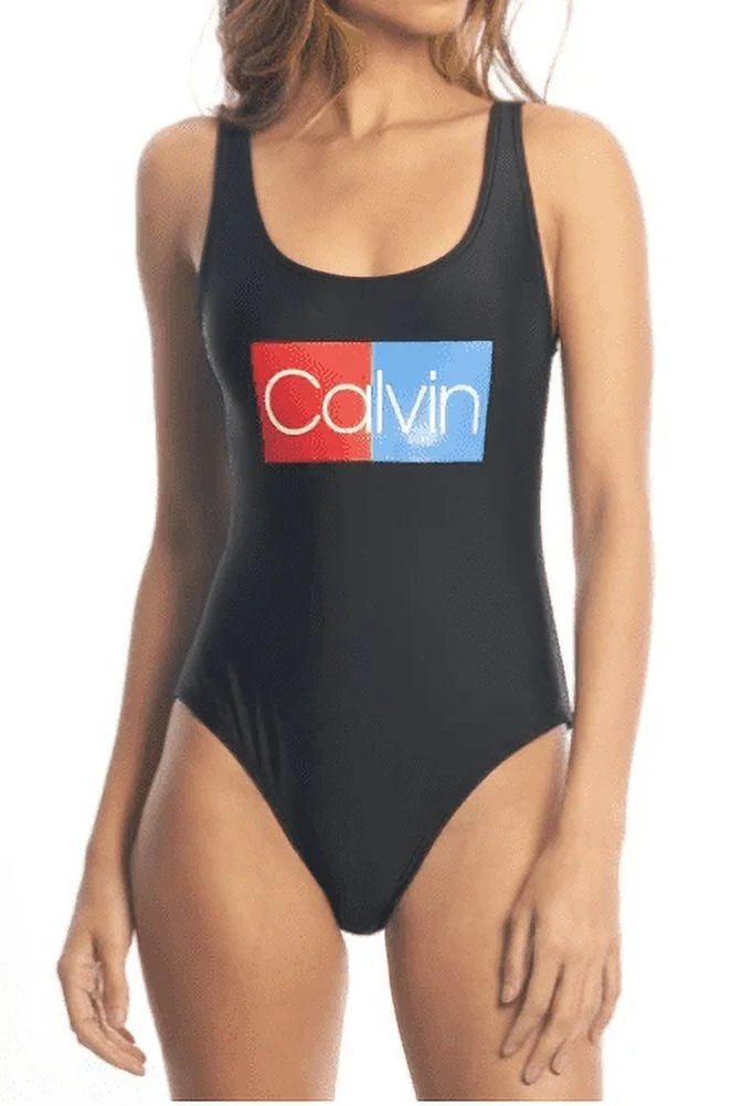 Swimsuit, Large One-Piece BLACK Calvin Klein US Logo Deep U-Back