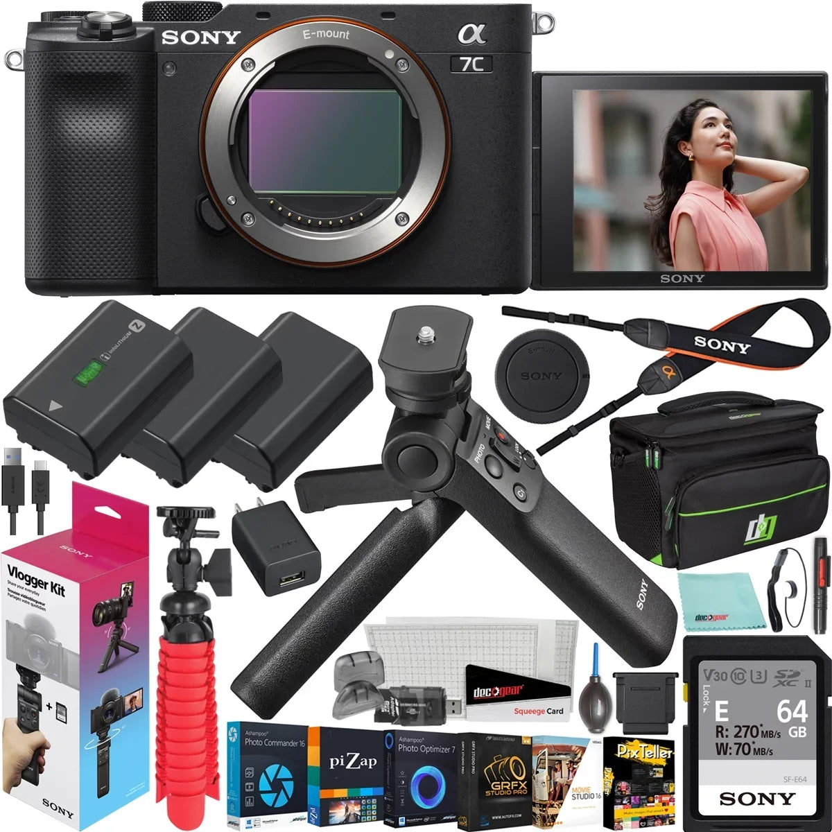 Camera Mirrorless Lens Full Bag Interchangeable Accessories Grip a7C 2 w. Battery Remote Black GP-VPT2BT Bundle Vlogger Frame & Sony ILCE7C/B Wireless Body with Deco Shooting + Kit Gear + Only ACCVC1