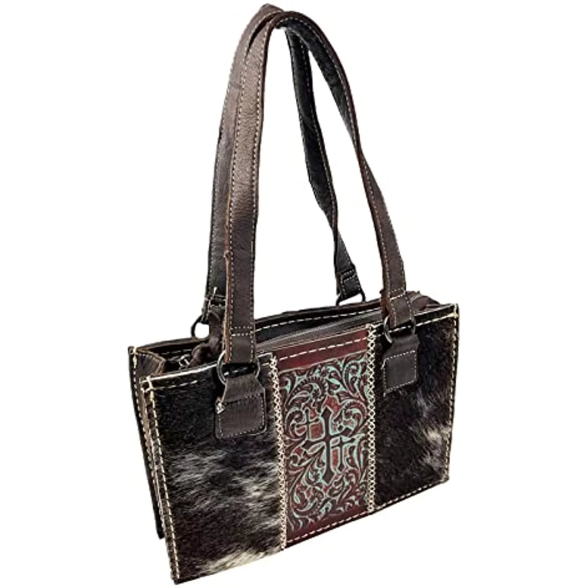 Brown) Dark Purse Urbalabs Genuine for Leather Women Brown Shoulder Over with the Western Stitched Tote Purses In Hand Zipper Crosses Bag Handbag Tooled (Dark Western CowHair