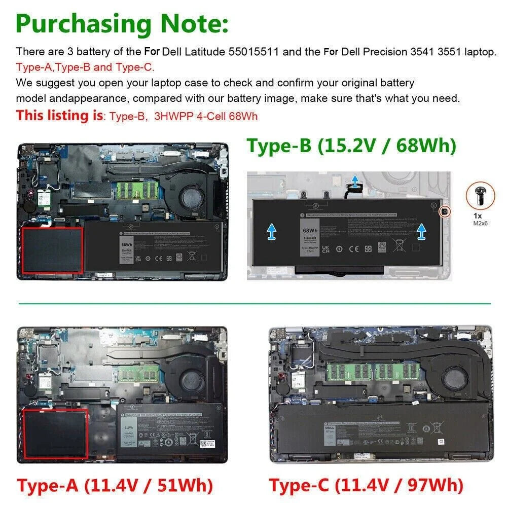 2-in-1 Precision 7500 15.2V 10X1J Inspiron N2NLL 5401 Dell 5411 03HWPP Inspiron 5510 for 5511 2-in-1 Battery ✅68Wh Black 3HWPP 7506 7706 17 Latitude 5410 451-BCMN 5501 3541 3551 1VY7F
