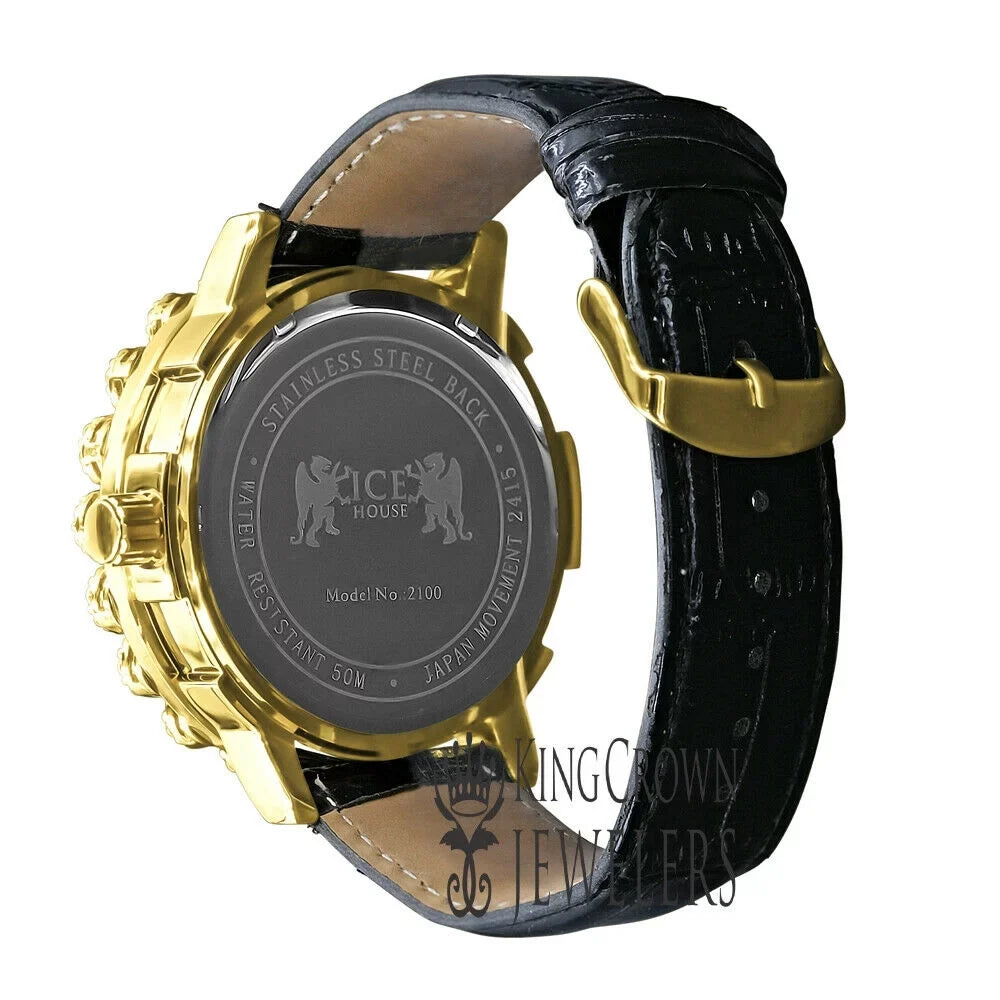 Face Watch Khronos Diamond W/Date Dial Bezel Wrist Leather Mens Gold Flower Tone Roman Genuine Genuine