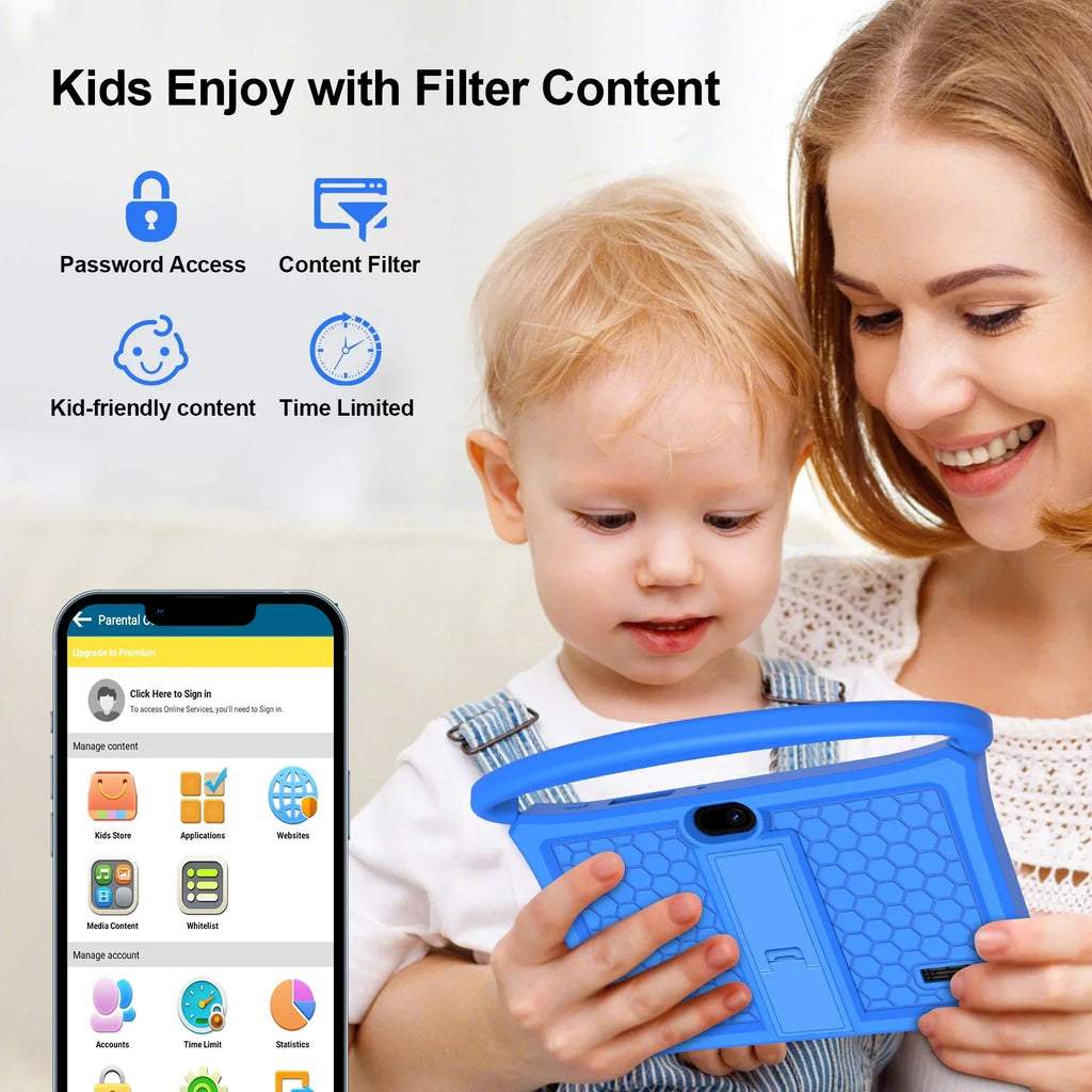 for Protective Kid-Proof Apps Parental Android 32GB Tablet, 2GB BAKEN 11 Case, Tablet Google Play(Blue) Tablet, Learning 7 Children Bluetooth, Toddlers Pre-Installed Control RAM inch ROM, Kids WiFi6,