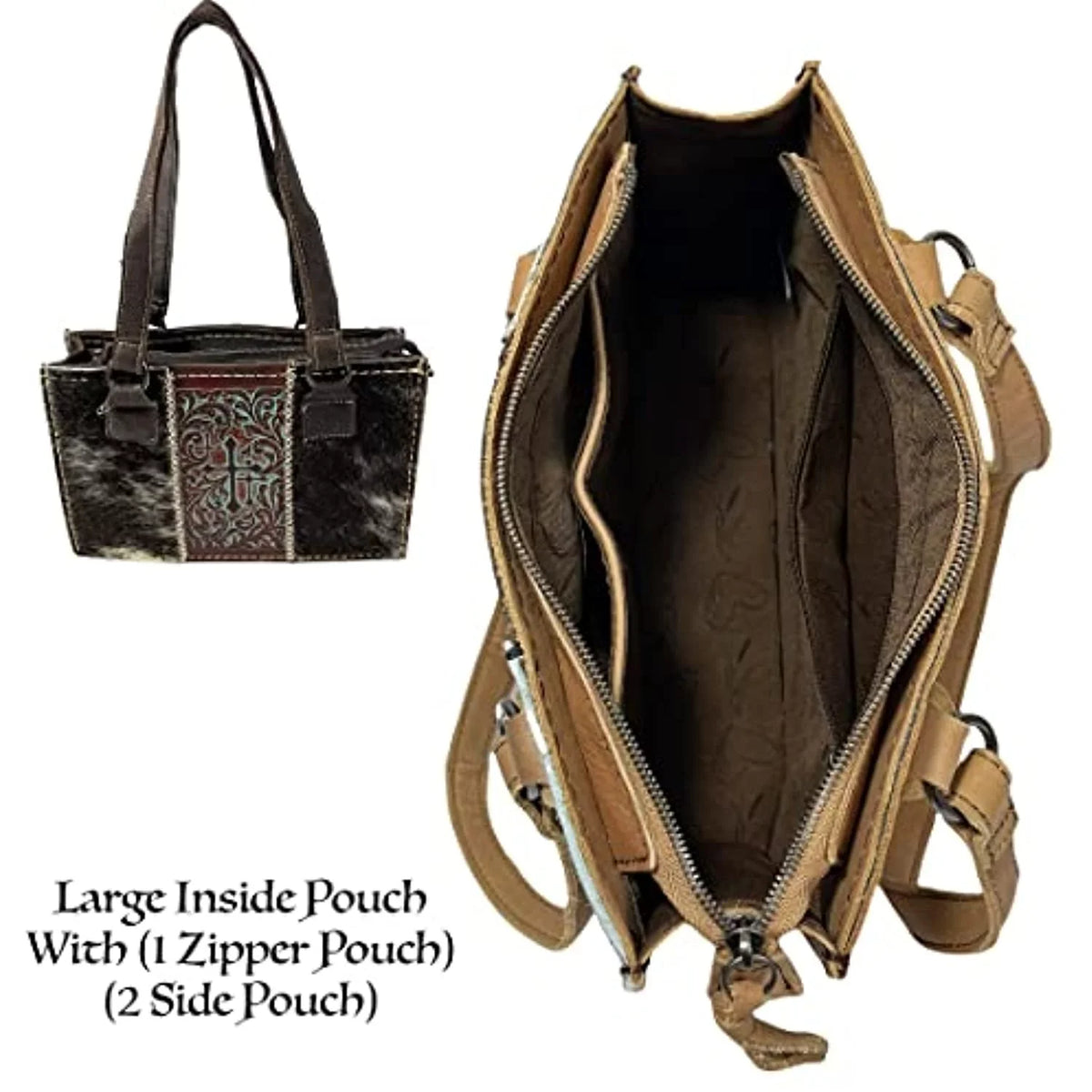 Brown) Dark Purse Urbalabs Genuine for Leather Women Brown Shoulder Over with the Western Stitched Tote Purses In Hand Zipper Crosses Bag Handbag Tooled (Dark Western CowHair