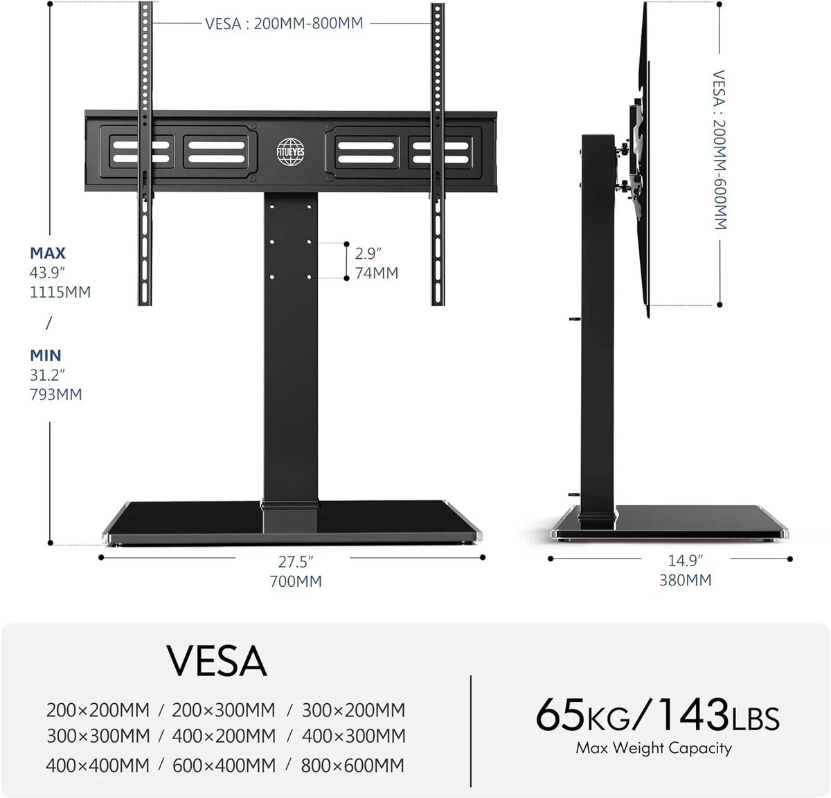 up with 50 Base TV Adjustable Universal Flat Tabletop Swivel Height 143 Stand Degree 100 TV 4 85 Tempered Mount Level TV inch for Holds Stand/Base Swivel Glass to to lb Screen HBBOOMLIFE