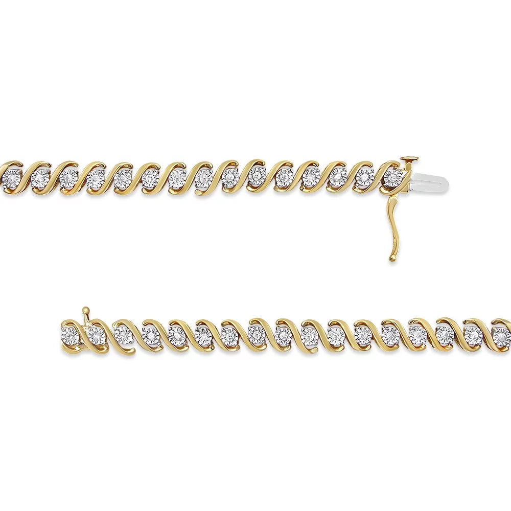Diamond 14K Tennis (I-J Clarity) .925 Round Plated Bracelet S-Curve - Yellow Color, Gold Cttw Miracle-Set Sterling I3 Silver 1/2 7"
