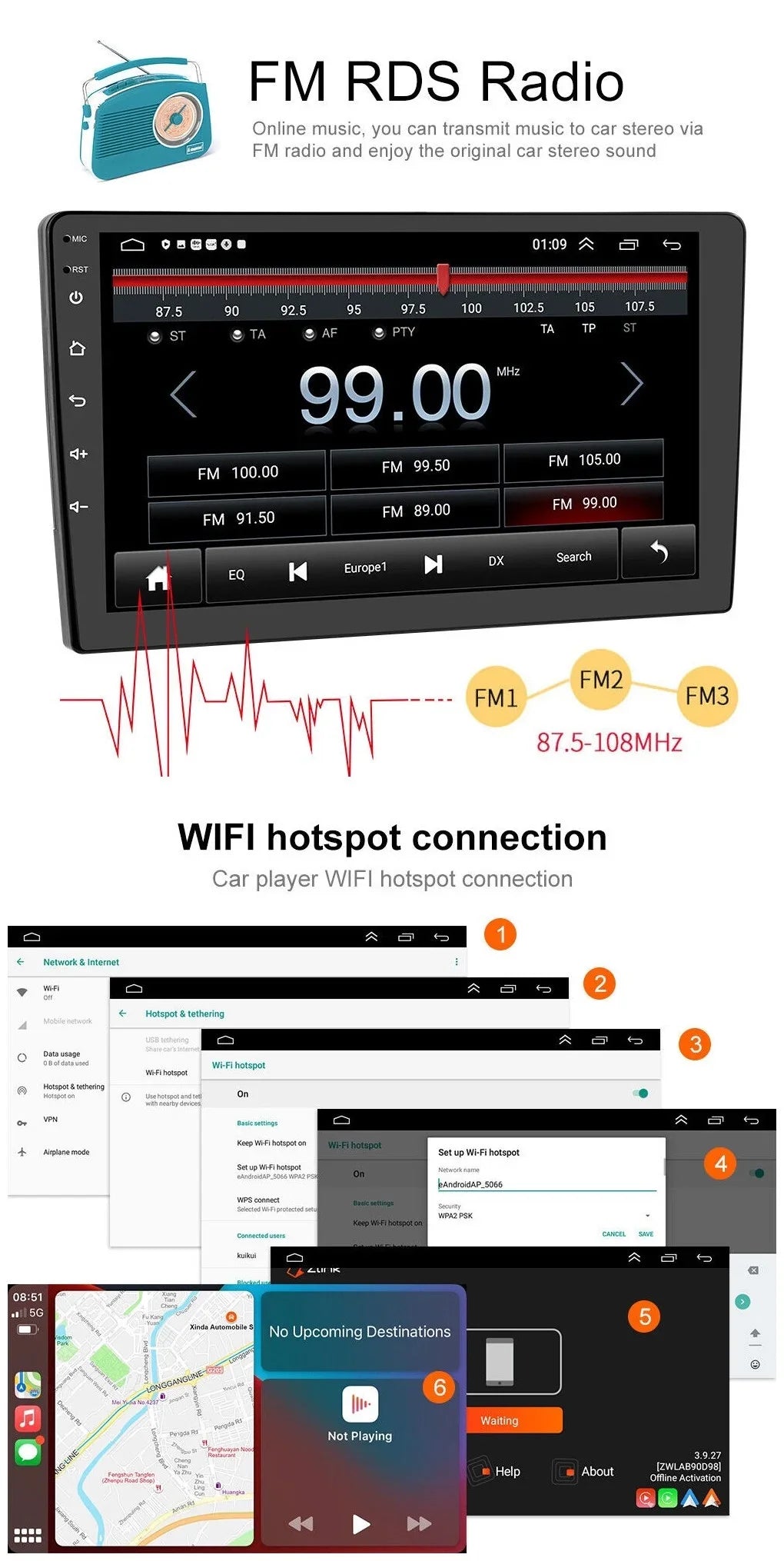 AHD 2+32GB USB FM/RDS Radio Auto GPS Stereo Screen WiFi Android Backup Navigation Receiver Carplay IPS Car Din Android 9" Wireless Double 1280*720 Camera Bluetooth