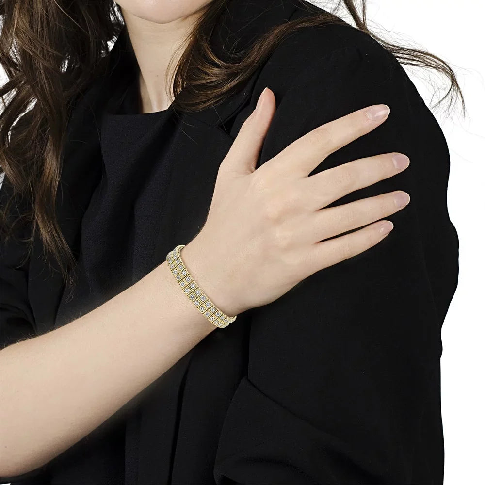 Bracelet I1-I2 Inches Yellow - Link Round-Cut (K-L Tennis Gold Color, 10K Cttw Clarity) 8.00 Diamond 7.25" Two Row Square