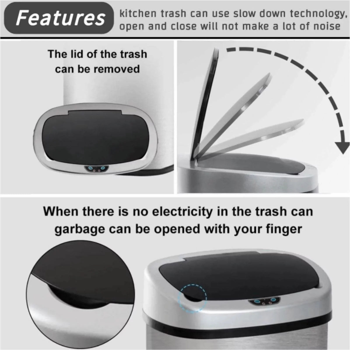 13 Gallon Sensor, & Bin Silver Mute with Lid, Office Motion Garbage Anti-Fingerprint Trash for Stainless Designed NiamVelo Waste Kitchen Can Steel Home, Can with Automatic Touch-Free
