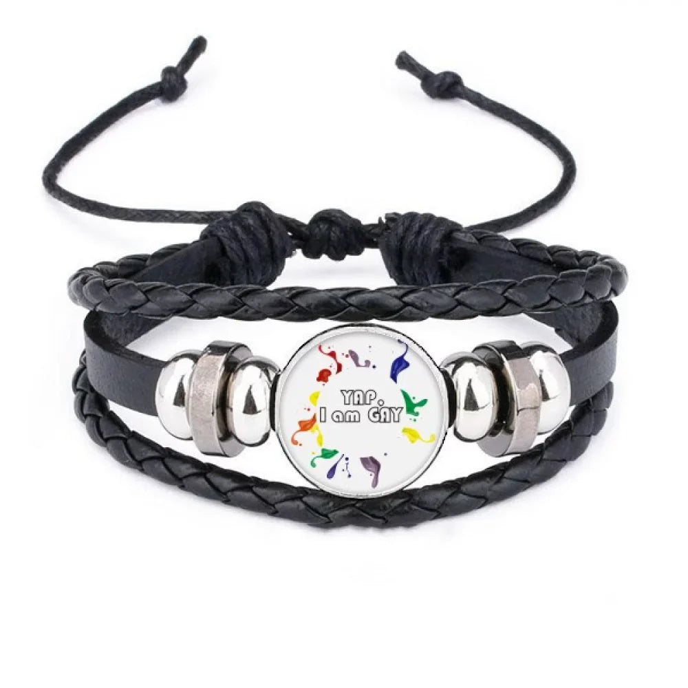 Rope Men Woven LGBT Rainbow Leather I Am Bracelet Wristband Braided Flag Yap