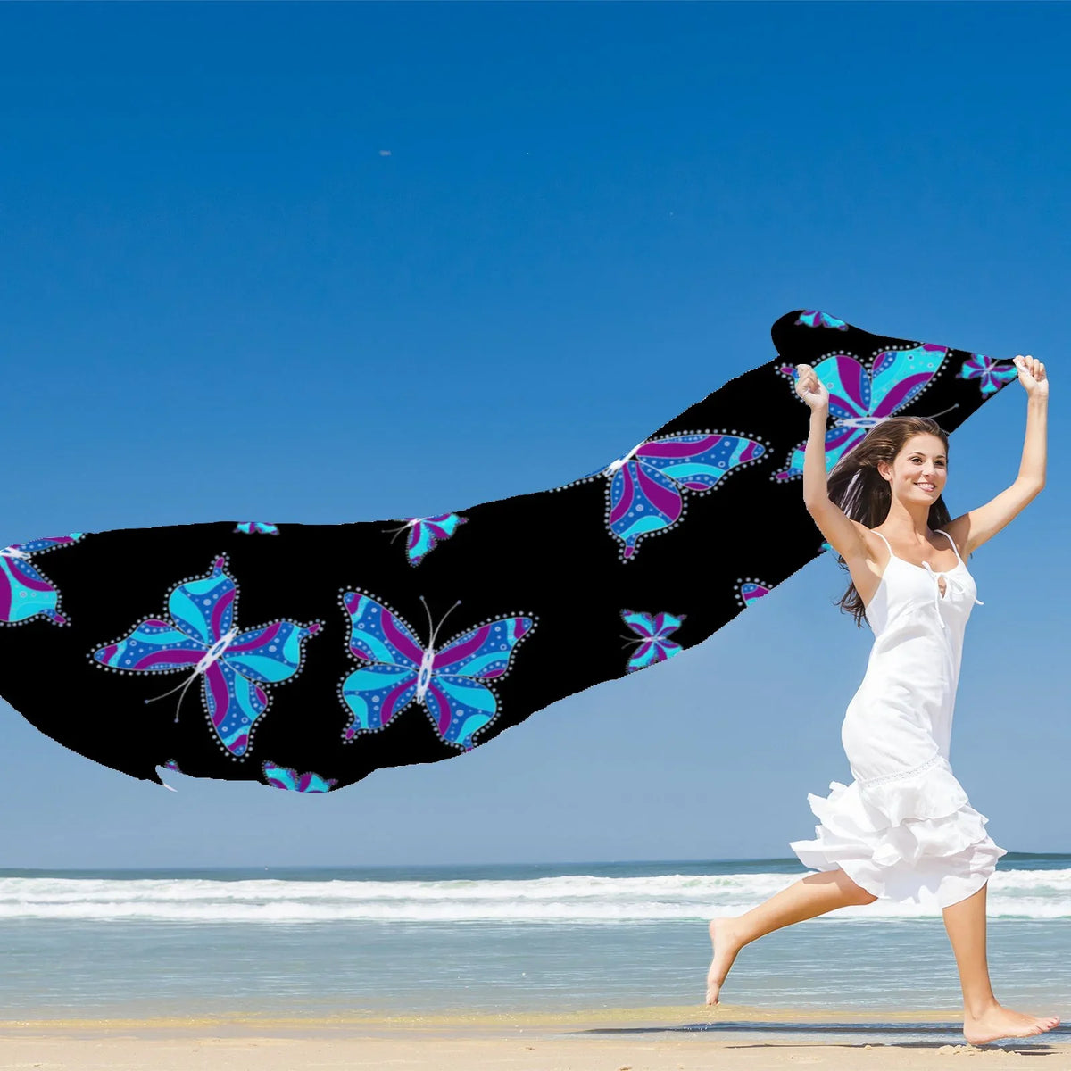 FREEAMG Long Different Butterflys Large Gift Oblong Neck Silk Shawls Women Wraps Headscarf Packed Scarf Sunscreen for Wraps Hair