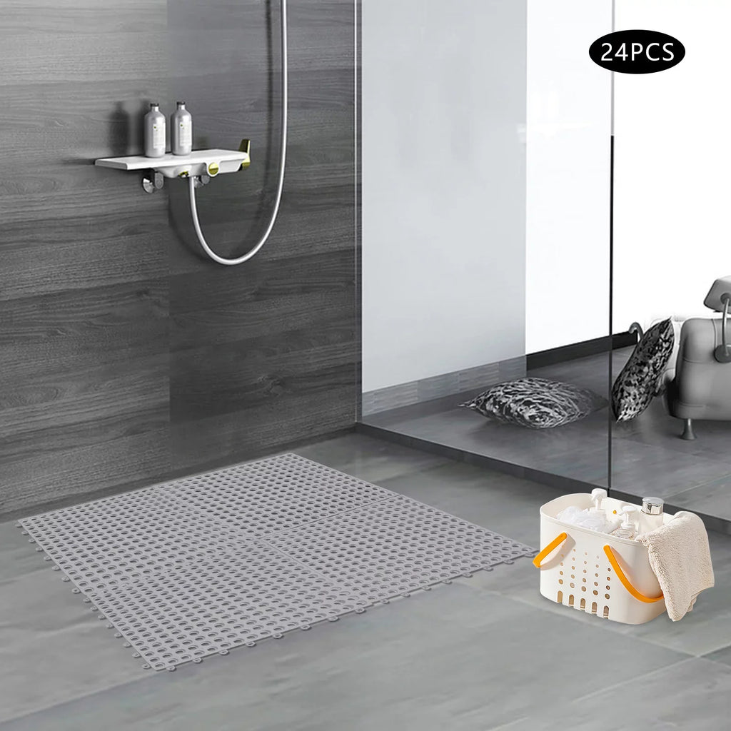Holes with Mat Floor Bathroom, Kitchen, PVC Bath Mat,Soft Nonslip 11.8*11.8" Interlocking 24PCs Drainage Pool Shower for Gray