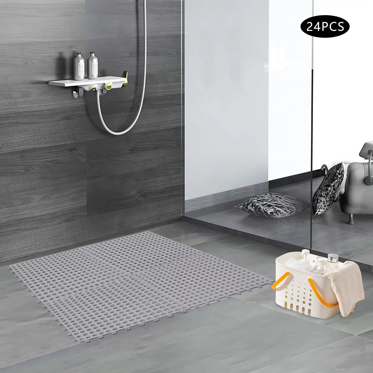 Holes with Mat Floor Bathroom, Kitchen, PVC Bath Mat,Soft Nonslip 11.8*11.8" Interlocking 24PCs Drainage Pool Shower for Gray