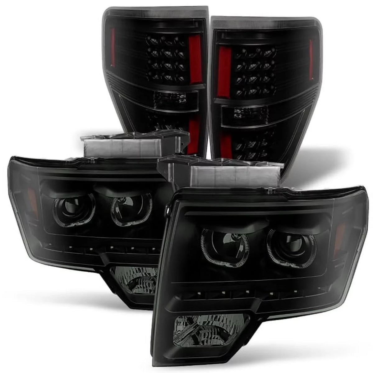 Tail Pickup F-150 Truck Set light For F150 [Dual Halo - Projector Headlights Ring] LED Black Smoked 09-14 + LED AKKON