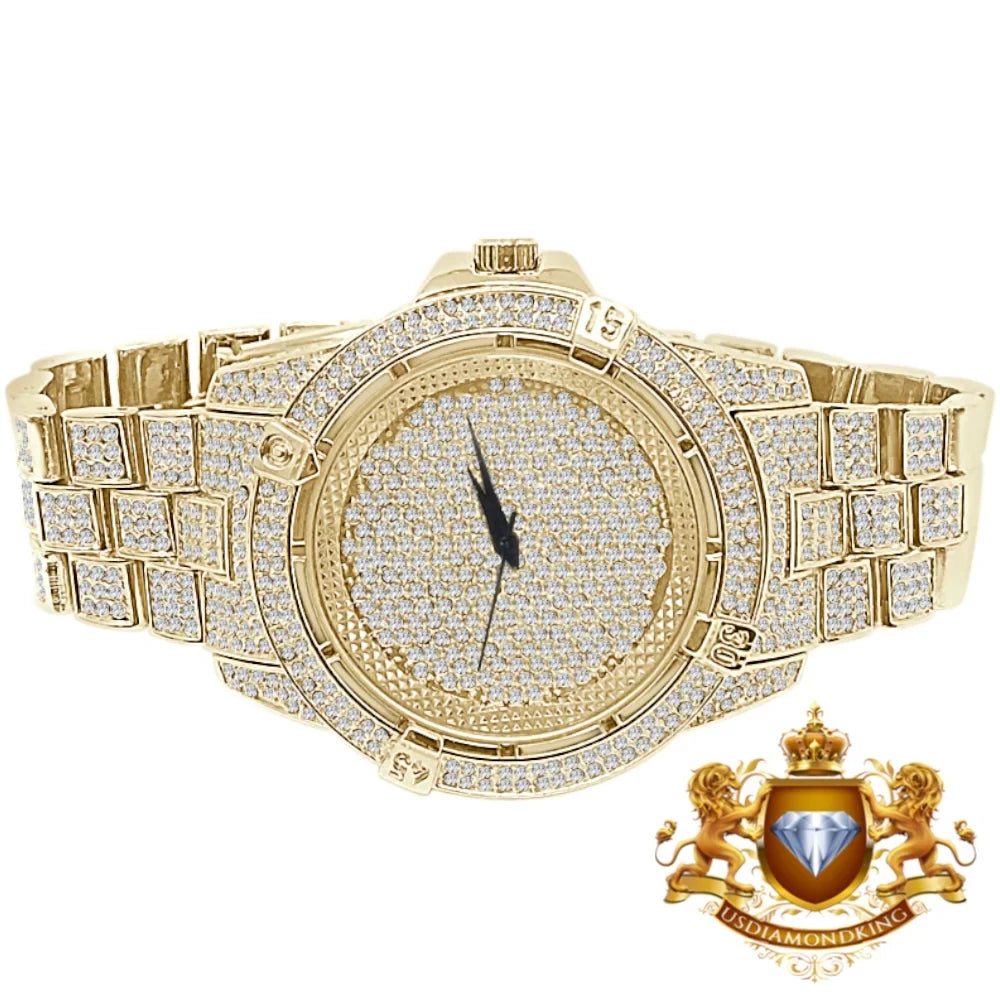 Gold Finish Pave Fully Techno Yellow Diamond Bling Simulated Watch Men's Crystal