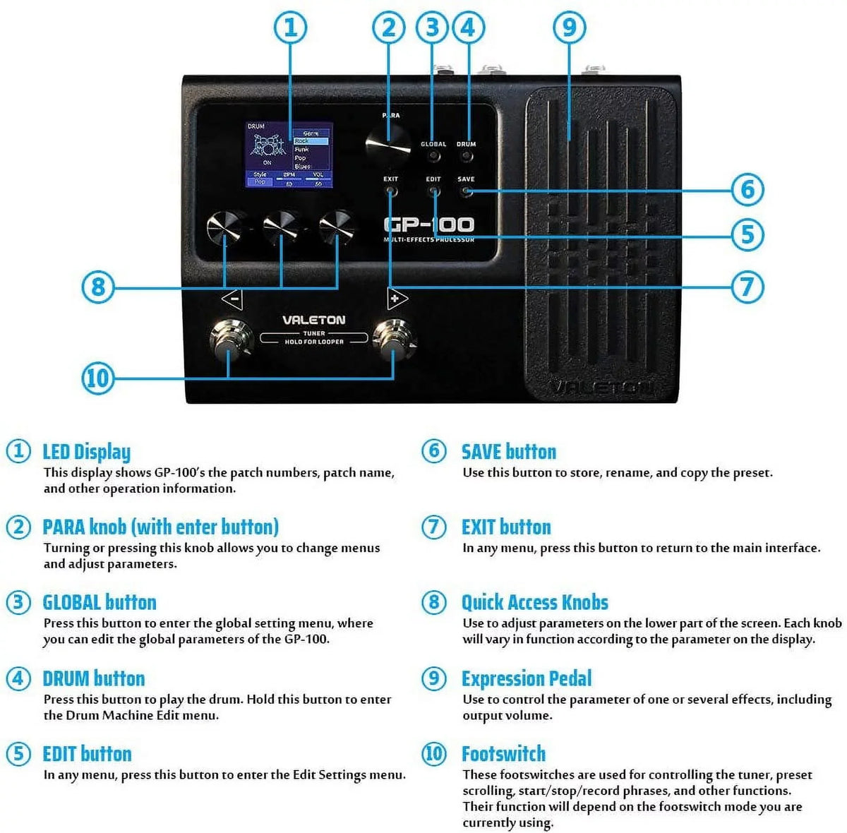 Multi-Effects Processor, power supply) (with 9V GP-100 Valeton