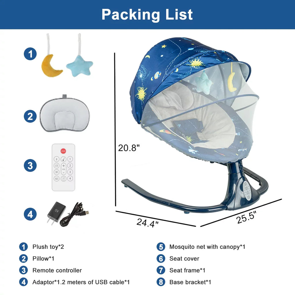 Infant Music and - Swing Outdoor, Seat Swings Portable Control 3 Baby Bluetooth for Indoor with Positions, Speaker Remote Blue 4 Speeds Baby and for Swing Infants, with