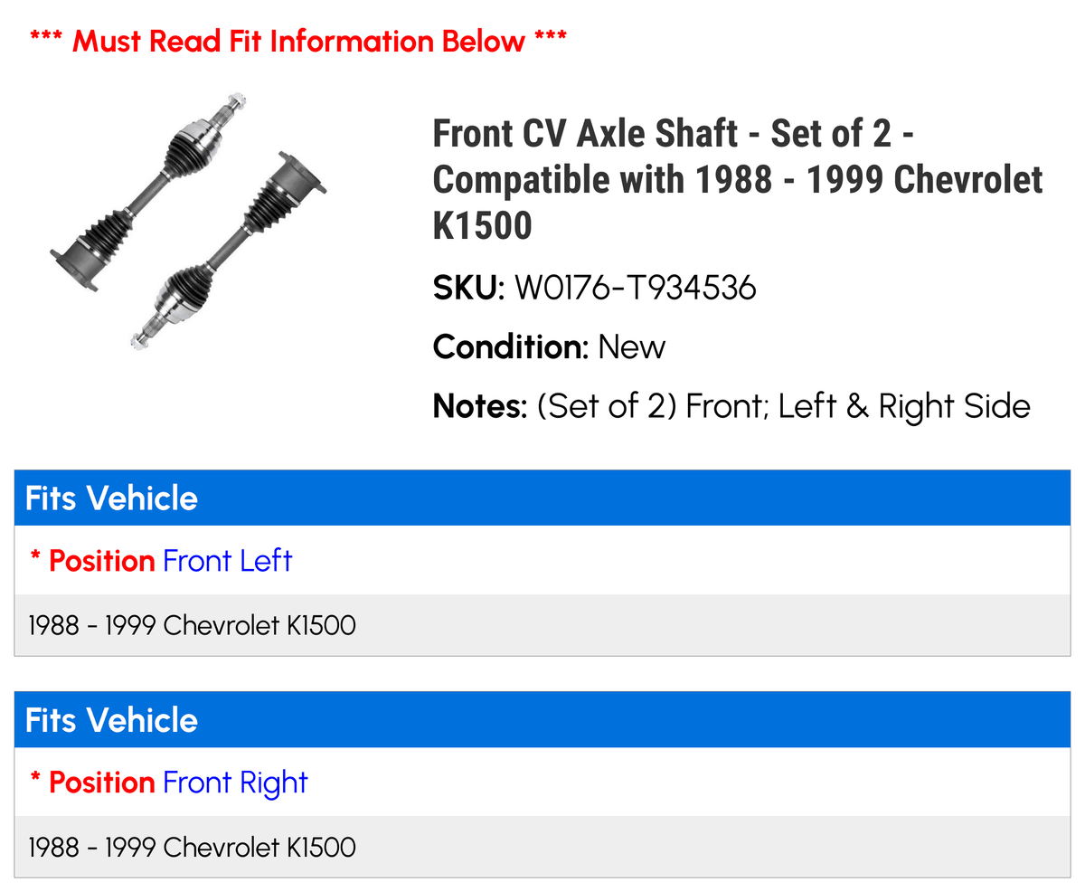 1989 K1500 1995 Shaft of 1999 - 1998 Front Axle Set 1993 - 1996 - 1988 CV 1991 1992 2 Chevy 1990 1994 Compatible with 1997