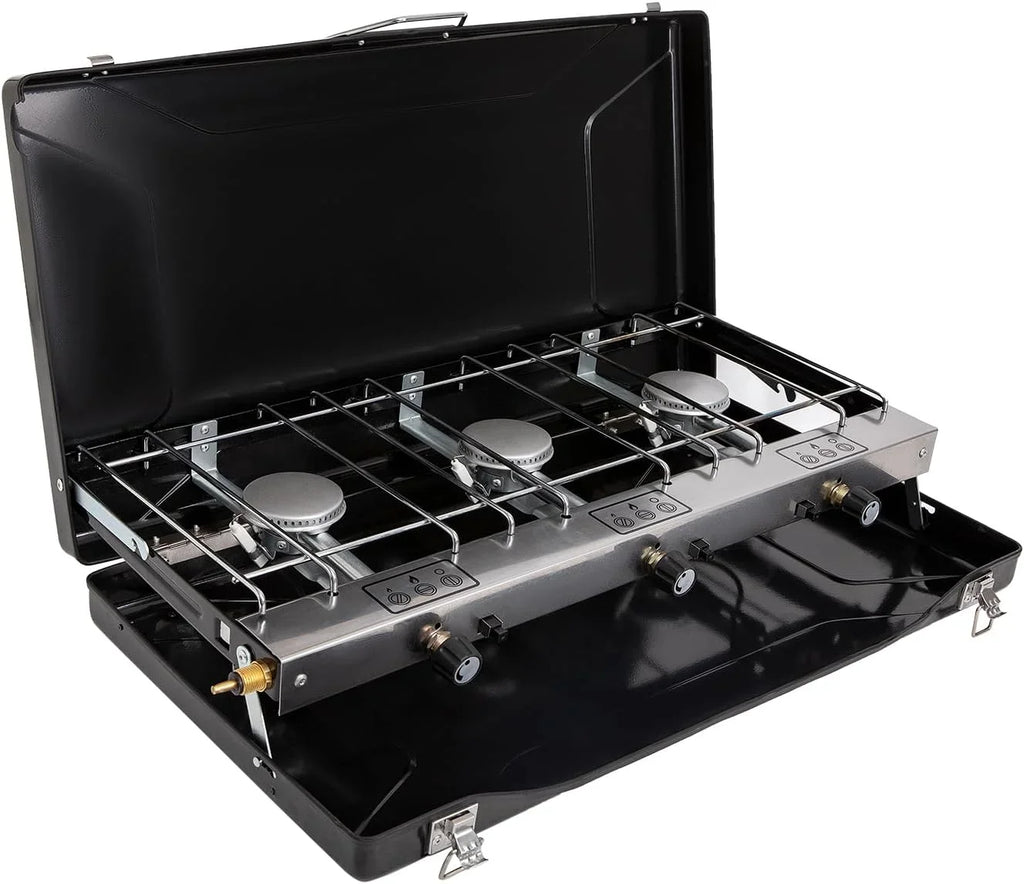 Push-Button Adjustable Camp Grill, and Ignition, 3-Burner 3 Camping Handle with Built-in Propane Portable Carrying Stove Stove 19800 Burners Camping BTUs, Portable Instant
