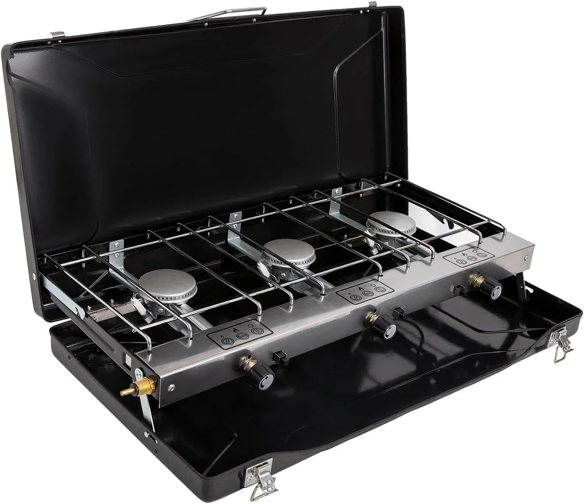Push-Button Adjustable Camp Grill, and Ignition, 3-Burner 3 Camping Handle with Built-in Propane Portable Carrying Stove Stove 19800 Burners Camping BTUs, Portable Instant