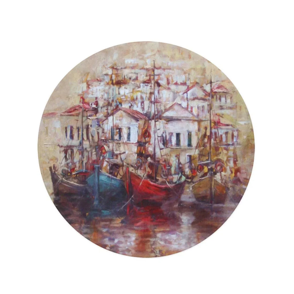Oil 60 Towel Towels Beach Mat inch Beach Throw Tapestry Circular Canvas on Boats Red Travel Painting Roof Circle Round SIDONKU Blanket Island Harbor