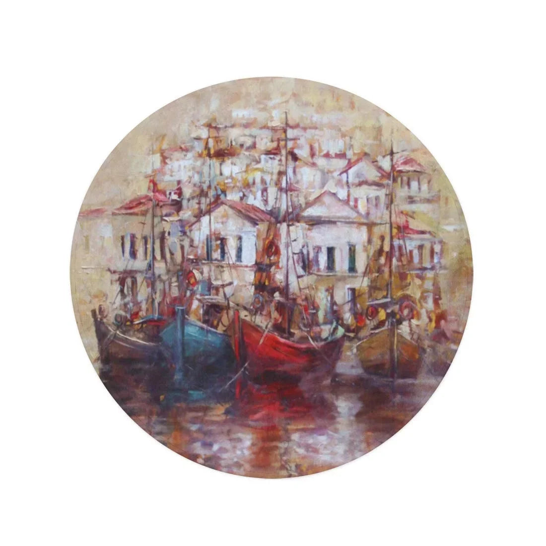 Oil 60 Towel Towels Beach Mat inch Beach Throw Tapestry Circular Canvas on Boats Red Travel Painting Roof Circle Round SIDONKU Blanket Island Harbor