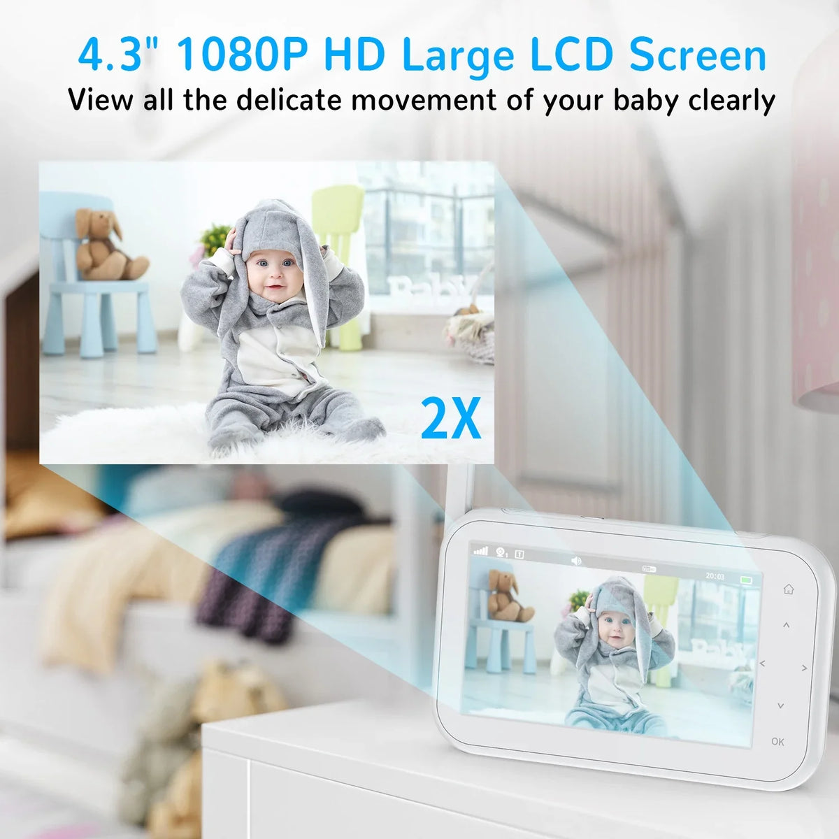 Vision,Tem-Sensor, Auto Camera Talk, 1080P Febfoxs Wifi Baby with & Night Audio, Monitor Screen Pan&Tilt&Zoom, Two-Way No LCD 4.3"