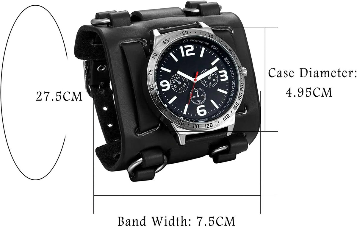 Leather Sport Watch Quartz Hip-hop Retro Costume Wide Watches Dial Mens Watch Wrist Cuff Big Replaceable Japan Halloween for Steampunk Genuine Bracelet Military Black Gothic