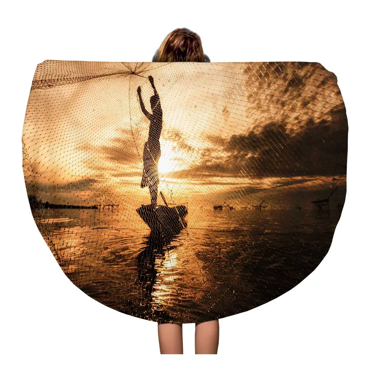 60 Tapestry Circle Fishing Vietnam Towels Travel Fisherman inch Boat Round Towel Thailand Silhouette Lifestyle Mat Blanket Beach Cambodia Nets Circular SIDONKU Beach Throw