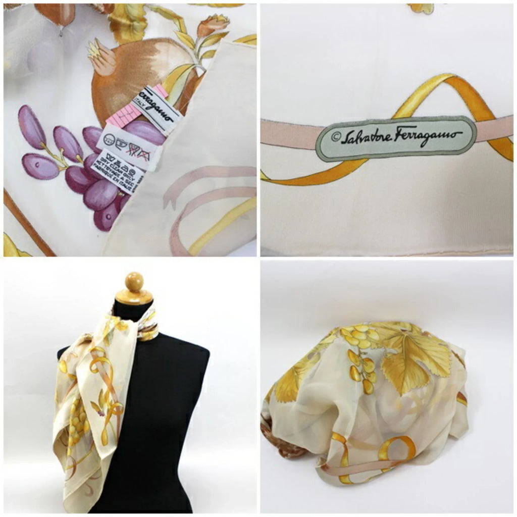 Salvatore (Good) Women's Ferragamo Pattern Pre-Owned Viscose Cream Scarf Muffler x Fruit Silk