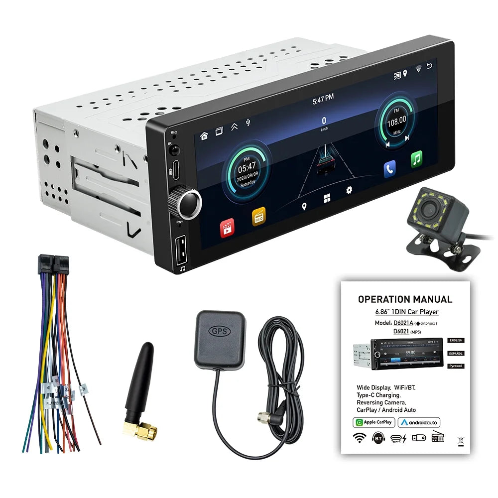 Car Stereo 6.86 Navigation Auto Inch Wheel and with 13 Single-Din GPS WiFi/BT Link, - Control Connection, Image, Android Radio, Android Touchscreen, Phone Steering Mirror RDS Reverse Support,