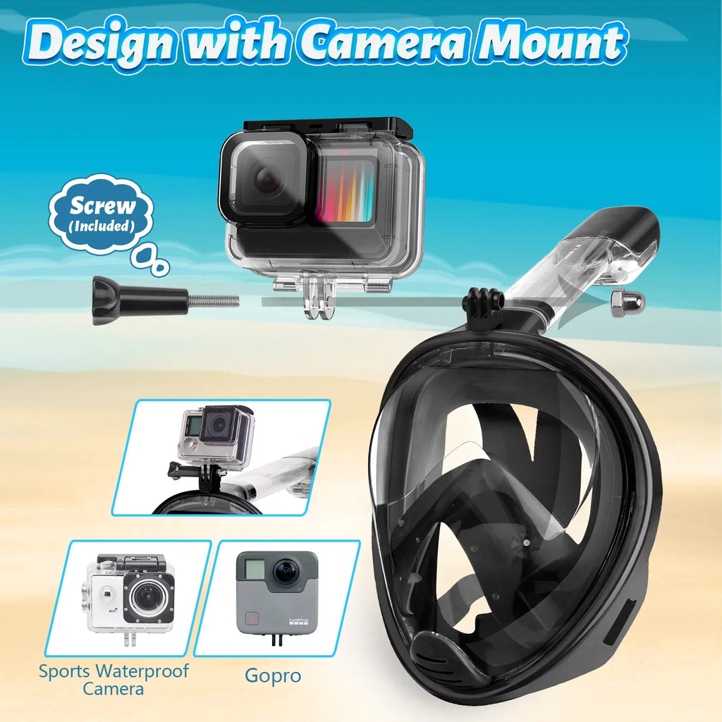 Snorkel Mount, Dive System, Upgraded Dry Face Mask Snorkeling Full L/XL Camera Mask View Panoramic Top with with Mask, Safety Breathing Set Detachable