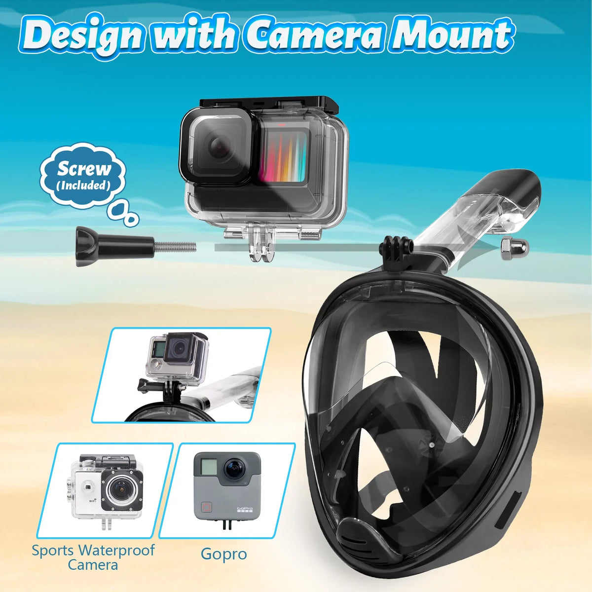 Snorkel Mount, Dive System, Upgraded Dry Face Mask Snorkeling Full L/XL Camera Mask View Panoramic Top with with Mask, Safety Breathing Set Detachable