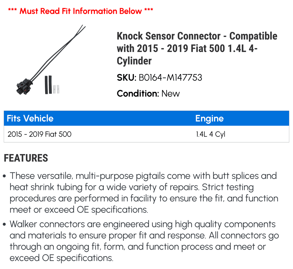 Fiat 500 2017 2015 2018 2019 1.4L - Connector Compatible Sensor Knock with 2016 - 4-Cylinder