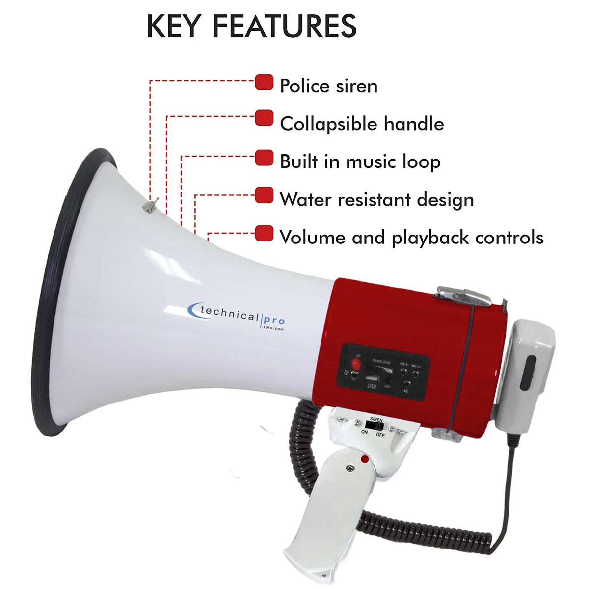 Microphone, Police for Professional Strap Pro Voice Speaker - w/Detachable leading Cheer Bullhorn PA 75-Watt Megaphone - And Portable Detachable Red Outdoor Bullhorn Technical Lightweight Siren