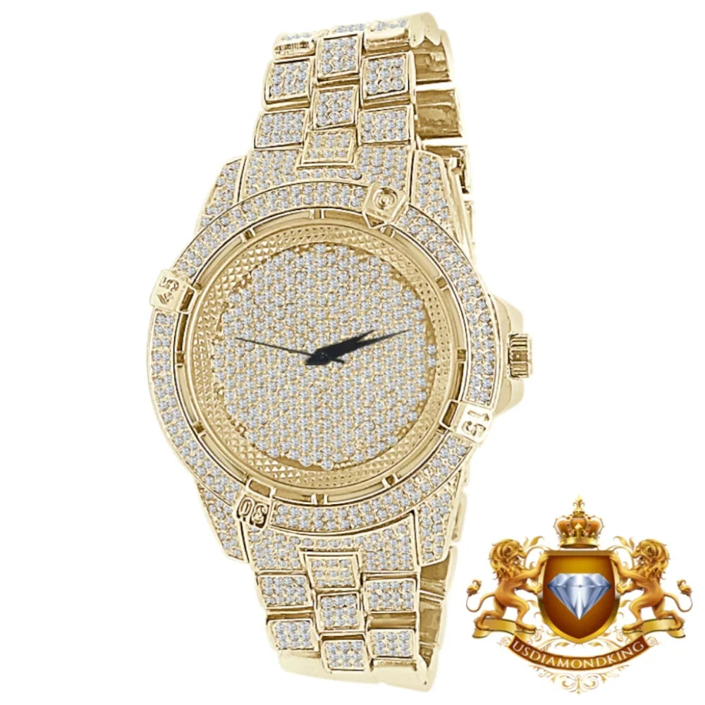Gold Finish Pave Fully Techno Yellow Diamond Bling Simulated Watch Men's Crystal