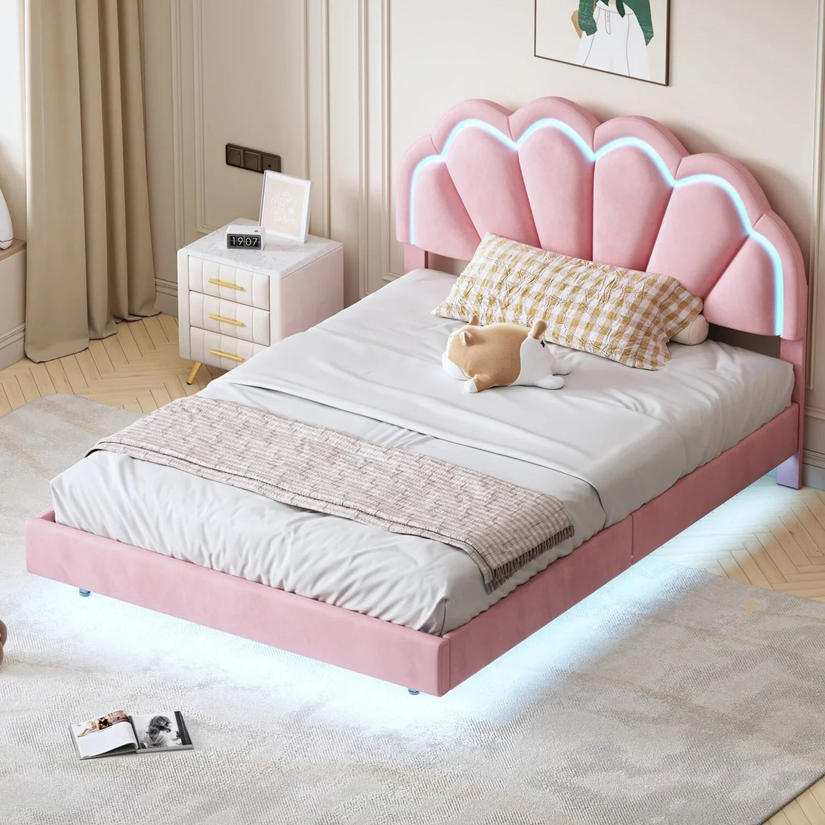 Platform Wooden with Beige Full LED Slats Bed Smart Size Support