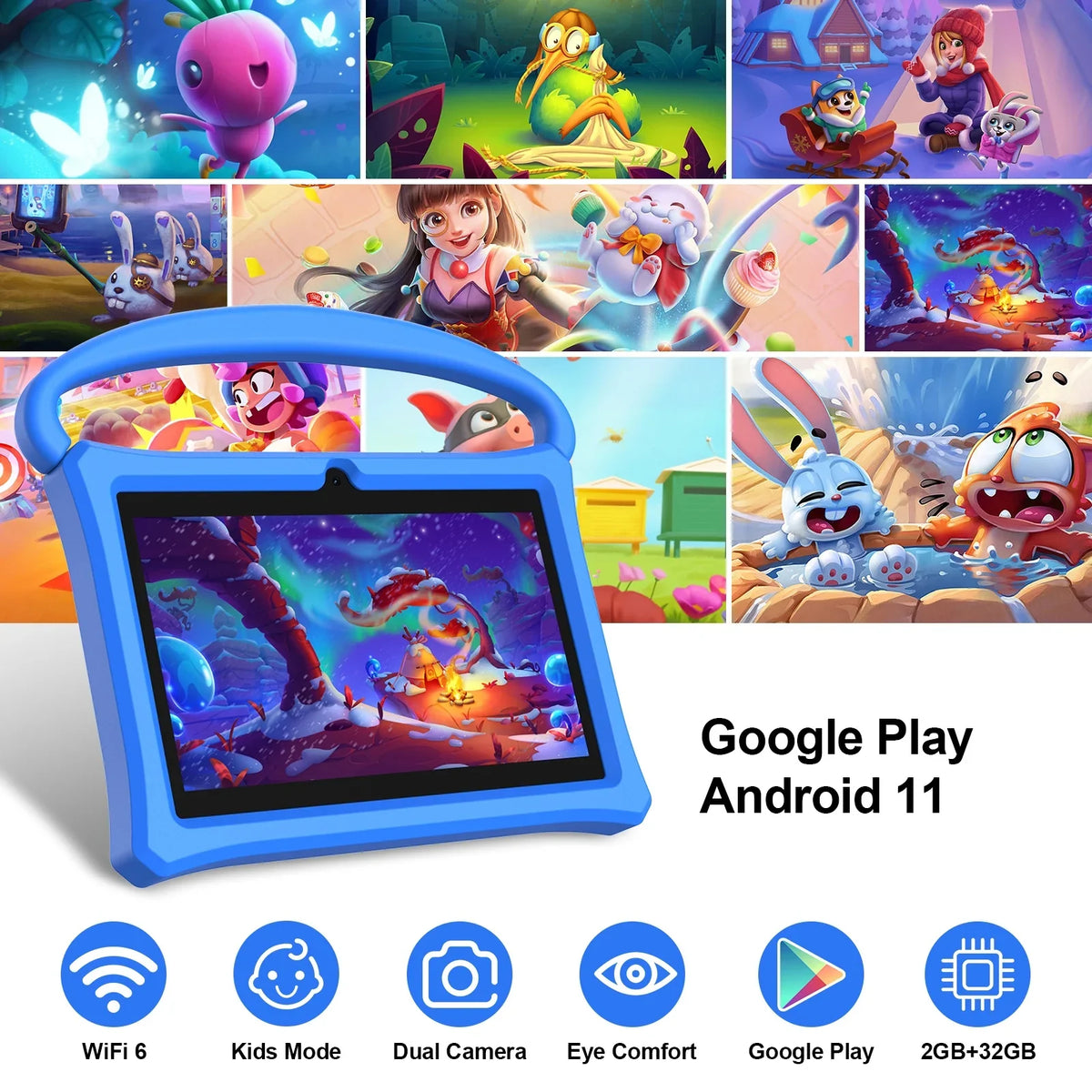 for Protective Kid-Proof Apps Parental Android 32GB Tablet, 2GB BAKEN 11 Case, Tablet Google Play(Blue) Tablet, Learning 7 Children Bluetooth, Toddlers Pre-Installed Control RAM inch ROM, Kids WiFi6,