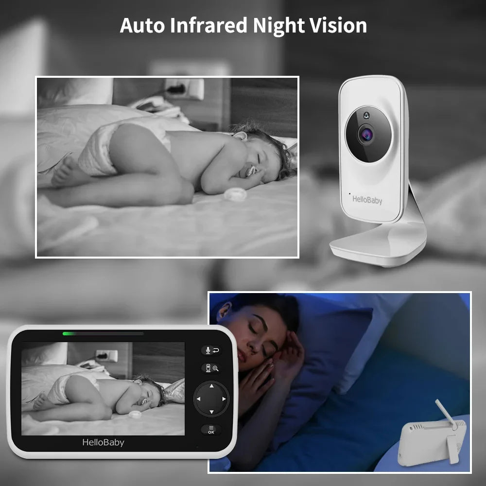 Lullaby, and 5 Baby Video 5" Screen, Mode Audio Two with Night VOX HelloBaby Camera, Camera LCD and Monitor Temperature Way Infrared Display, Vision, Audio, inches Monitor Color