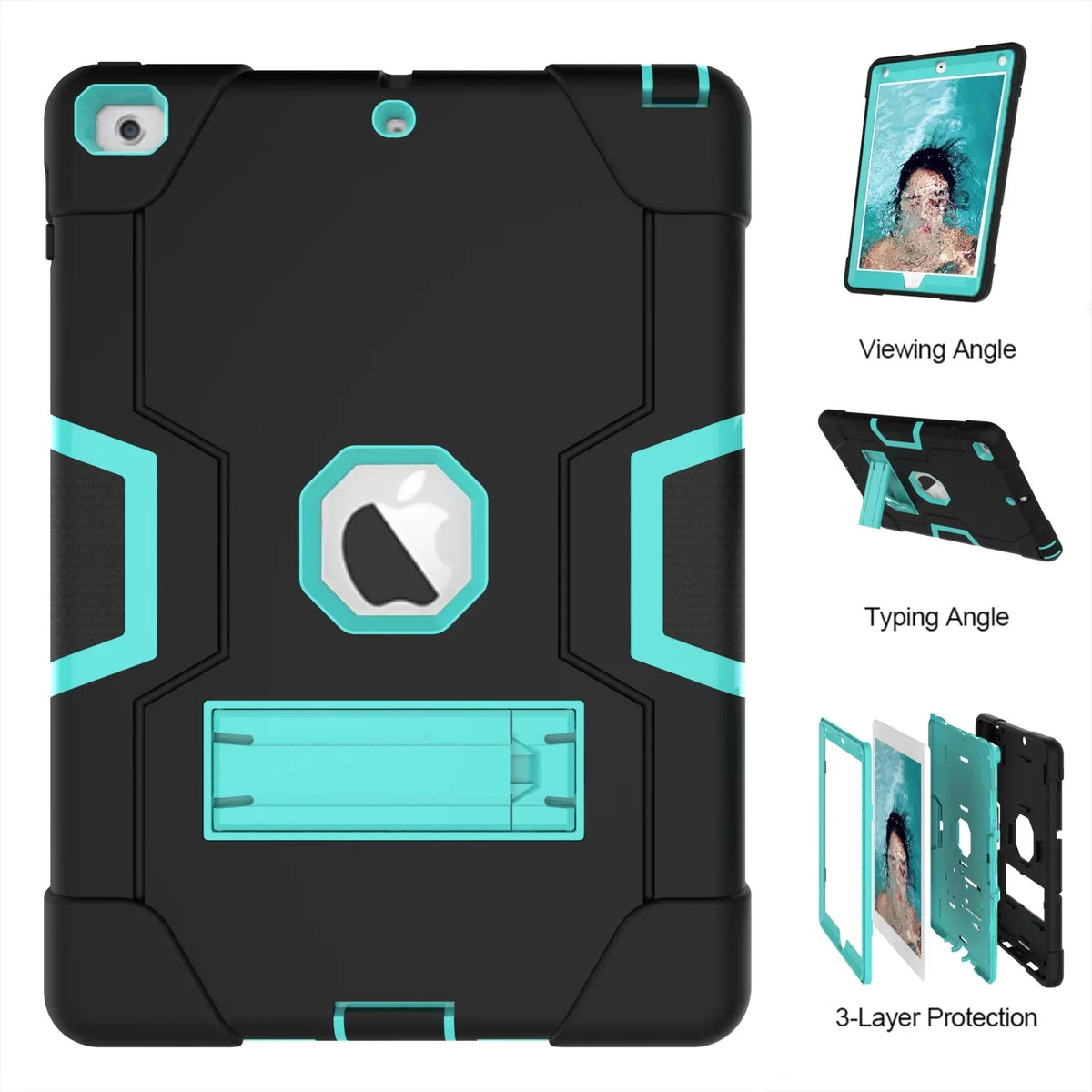Armor 2018 A1823 2017/2018 Protective for Allytech 6th/5th 9.7 Layer Defender for 2017,iPad New (Black/Aqua) A1954 iPad Case,Three 9.7 A1822 Cover Apple Case iPad Shockproof Generation Case A1893