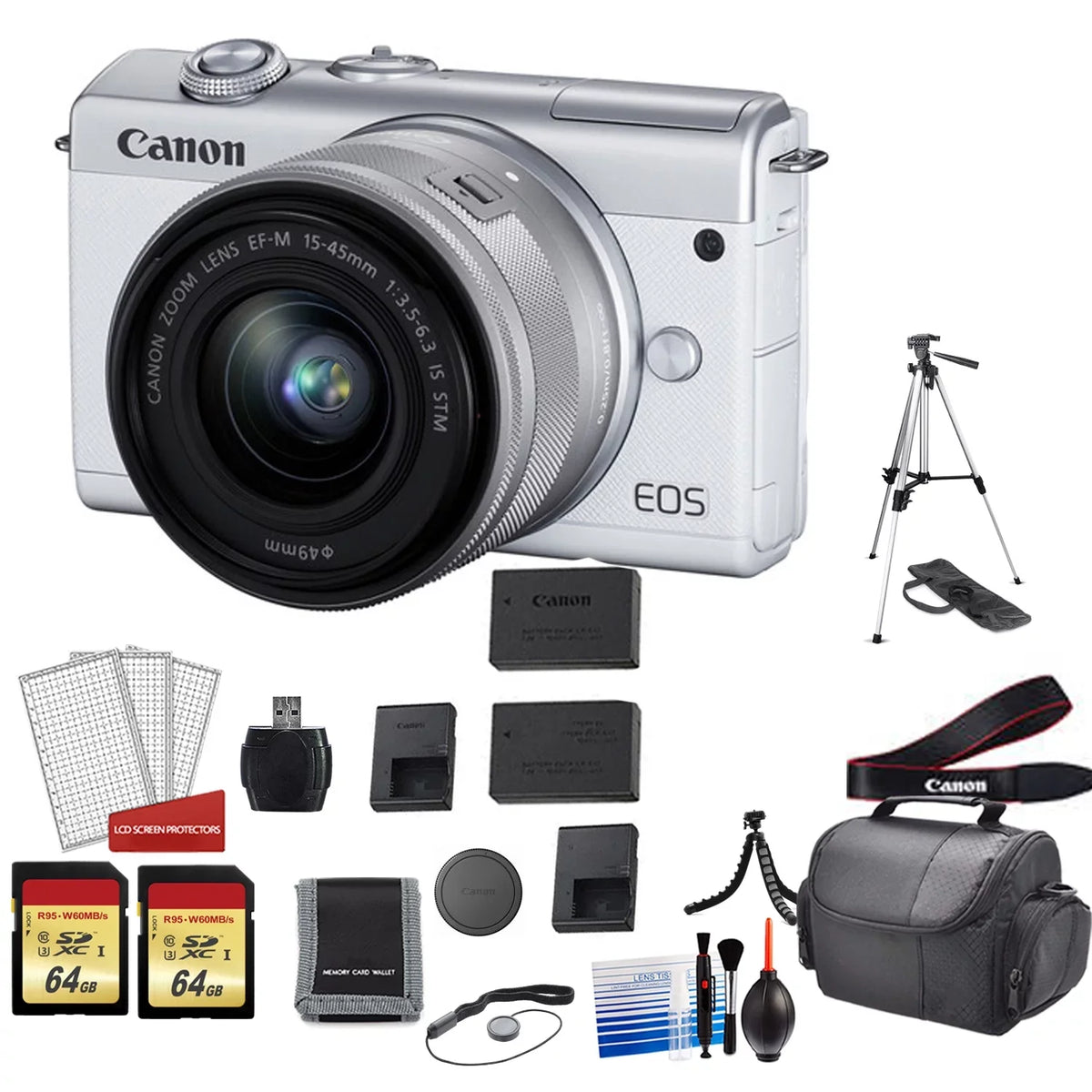 More Memory 64GB + Camera with EOS + Mirrorless Tripod + with 15-45mm (White) 2x Digital Canon Cards Battery Lens Kit Spare M200