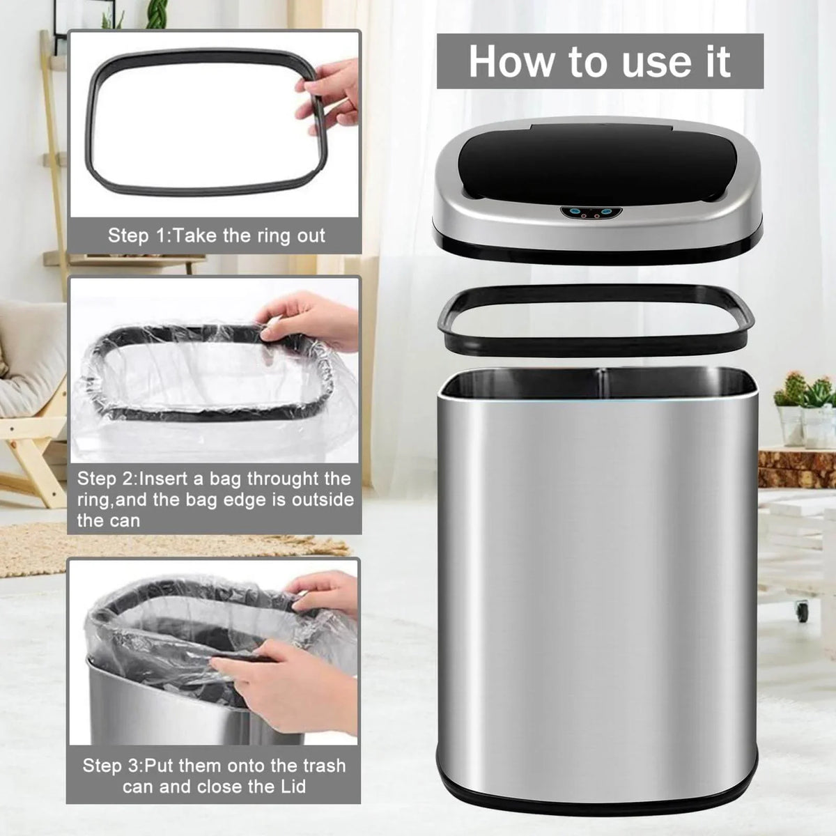 13 Gallon Sensor, & Bin Silver Mute with Lid, Office Motion Garbage Anti-Fingerprint Trash for Stainless Designed NiamVelo Waste Kitchen Can Steel Home, Can with Automatic Touch-Free