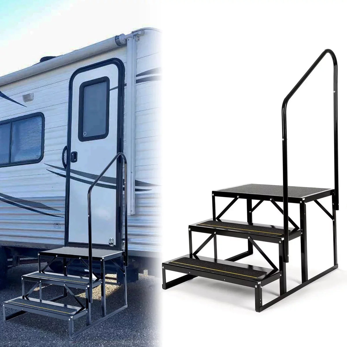 Steel Rail Steps Trailer Hand-railing HECASA Side RV Armrest W/ Stairs 3 Travel Load Hand Trailer for Universal Camper