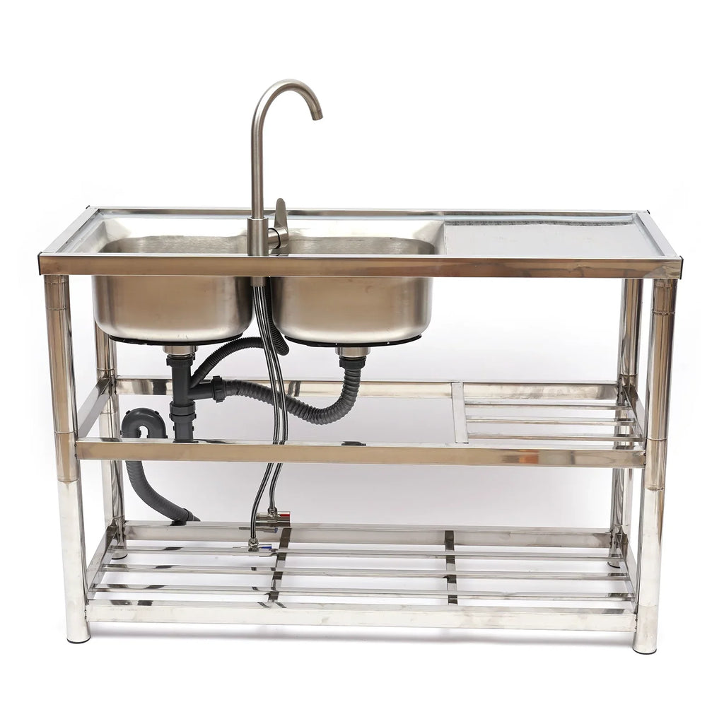 Utility Prep Faucet+2 Compartment Sink Commercial Sink Drainboard Stainless Table+360° Catering 2 Steel Kitchen Loyalheartdy Basin