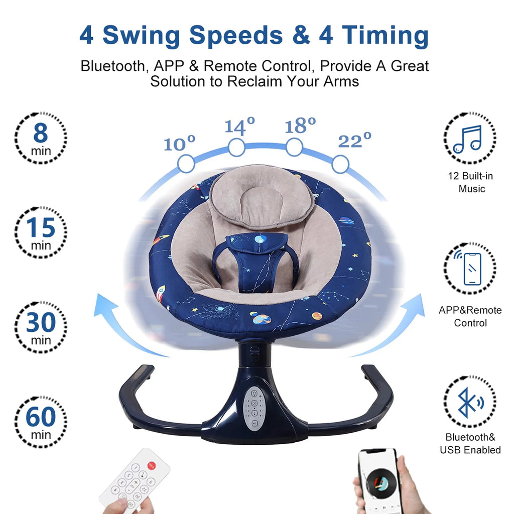 Infant Music and - Swing Outdoor, Seat Swings Portable Control 3 Baby Bluetooth for Indoor with Positions, Speaker Remote Blue 4 Speeds Baby and for Swing Infants, with